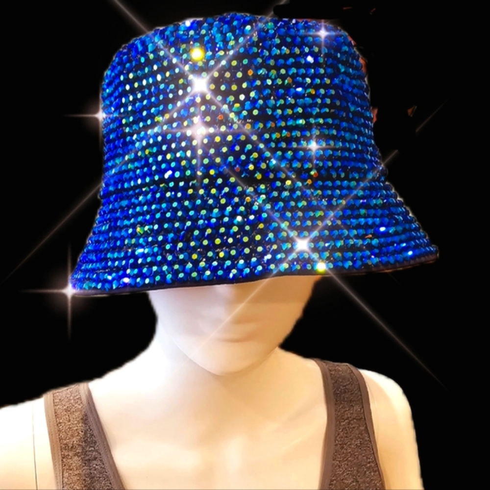RHINESTONE Peacock Blue AB Bucket Hat NEW * 3 Colors Avail.*